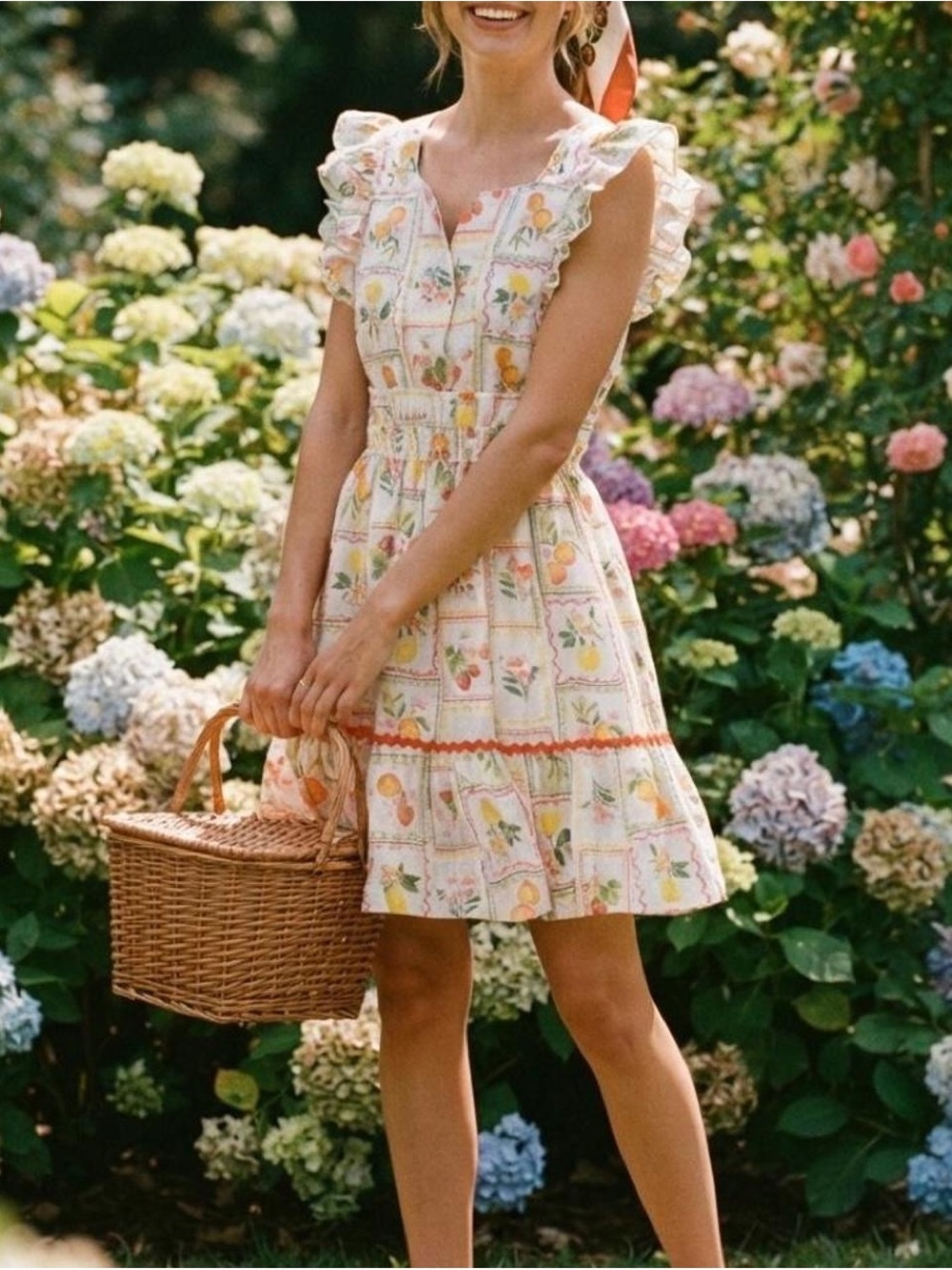Rachel Zoe White Floral and Yellow Fruit Print Dress